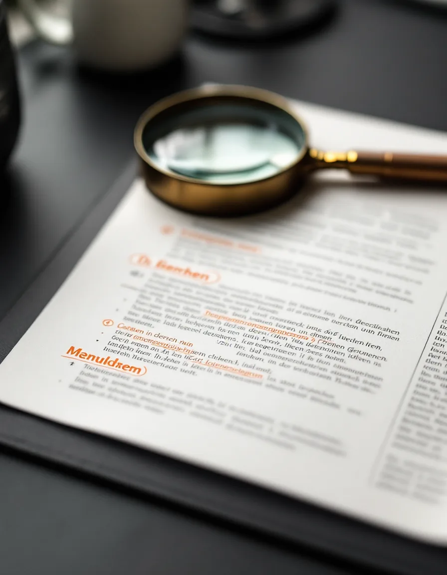 A German technical page with copper pencil notes circling compound nouns in the margin, a brass loupe resting on the paper.