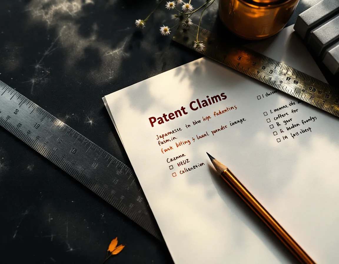 A printed Japanese patent claims page with handwritten English margin notes in copper pencil, bracket marks around key terms and a steel ruler beside it.
